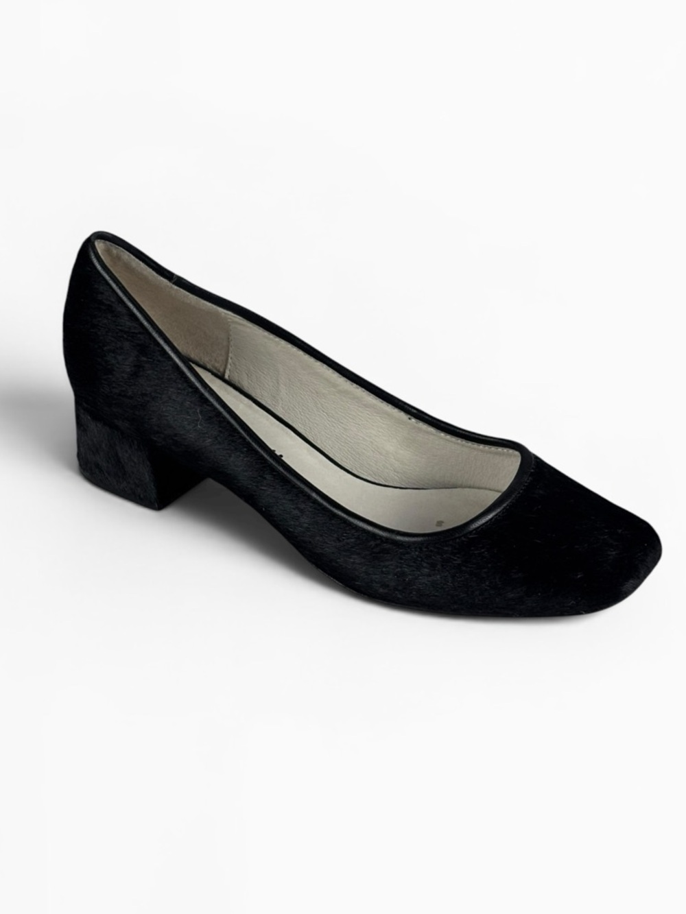 BETTYE MULLER WARHOL BLACK CALF HAIR LEATHER SQUARE TOE PUMP HEELS